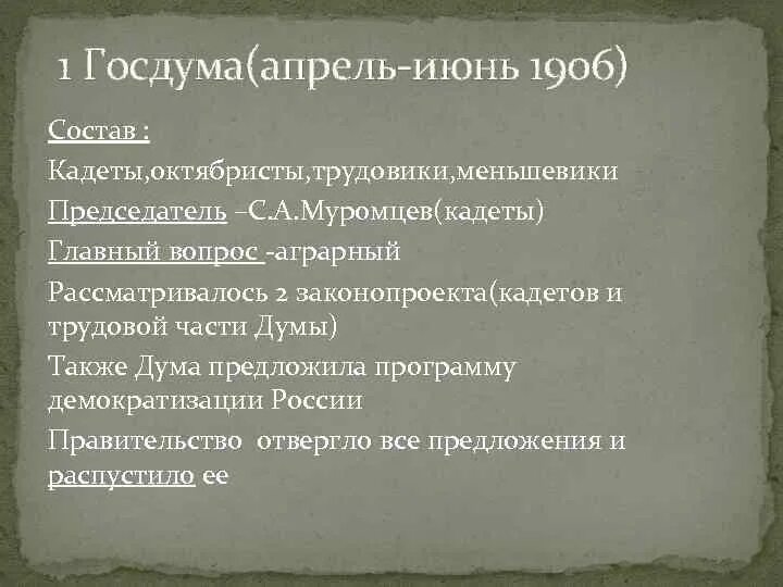 Причины революции крестьянский вопрос. 1 Госдума 1906 кратко. Аграрный вопрос первой государственной Думы. Первая Госдума 1906 кадеты. Вопросы первой Думы в 1906.