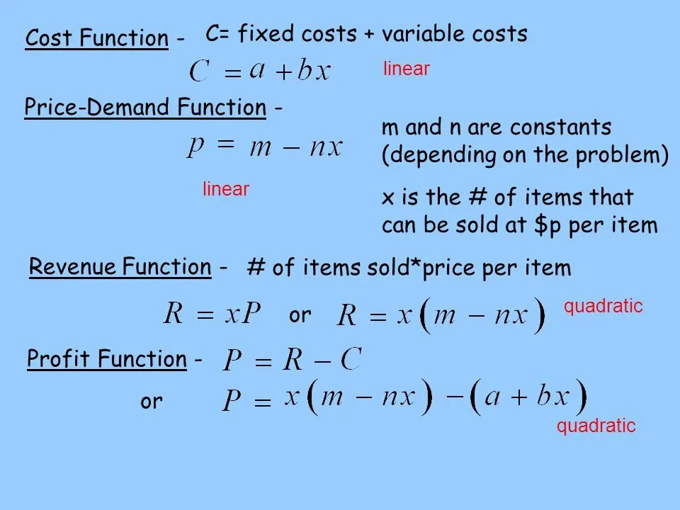 Cost function. Cost revenue function. Profit function. Functional costs.