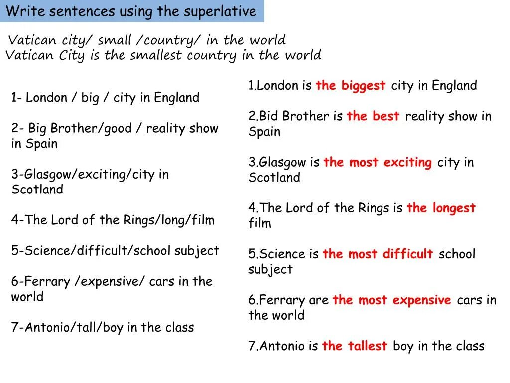 Superlative adjectives sentences. Comparative sentences. Comparatives and Superlatives. Exciting Superlative form. Make comparative sentences