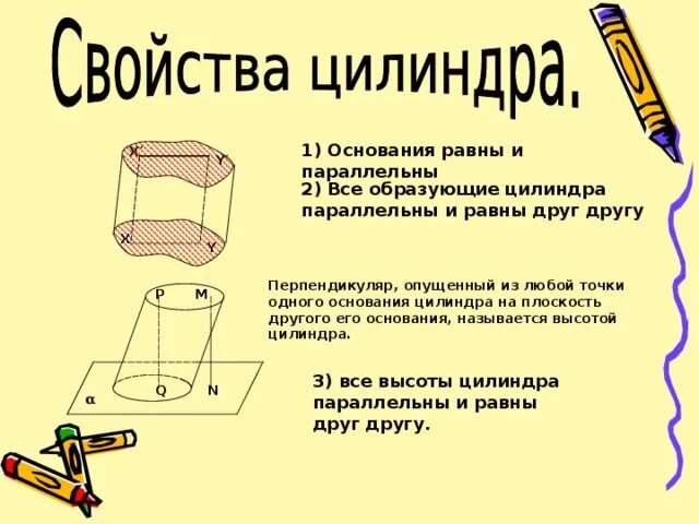 Основания цилиндра равны и параллельны. У цилиндра образующие параллельны и равны. любые две образующие цилиндра. основания цилиндра параллельны и. цилиндр презентация 4 класс.
