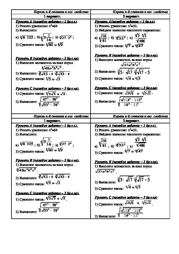 Степень свойства степени вариант 1. Свойства корней n-й степени 11 класс.