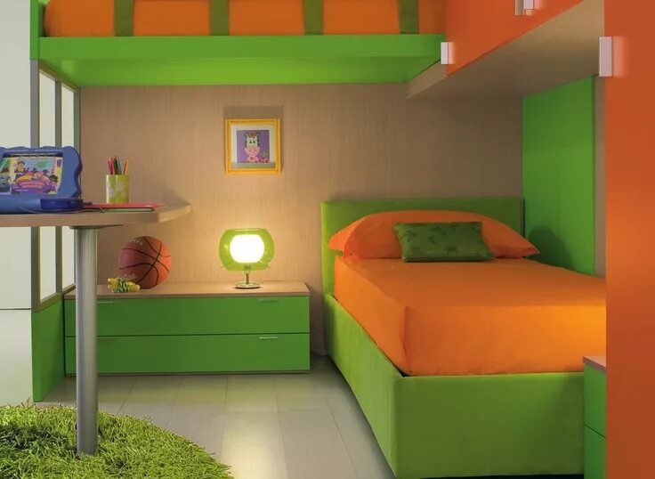Интерьер в зелено оранжевом цвете Contemporary Green Orange Bedroom Interior Design Rainbow house, Modern bedroom,