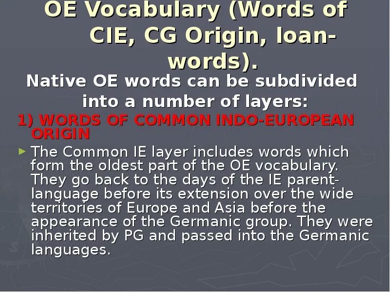 Old English Vocabulary presentation. The Words of common Indo-European Origin. OE Words. Native Words in English. Further перевести