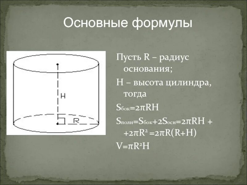 Как найти высоту цилиндра формула. Основные формулы цилиндра. Радиус основания цилиндра формула. Радиус и высота цилиндра формула.