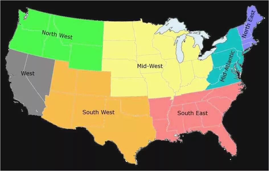 В каком районе находится сша. Части США. Штат в Восточной части США.. Регионы США. Запад США карта.