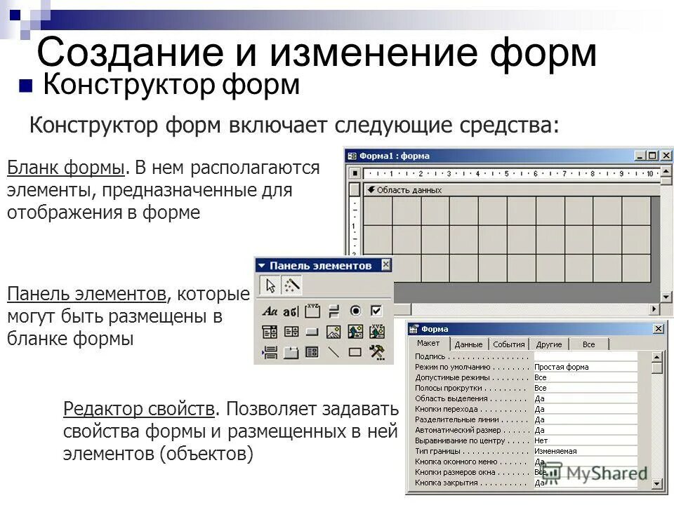 Создание формы. Конструктор форм. Форма для создания конструктора. Формы отображения.