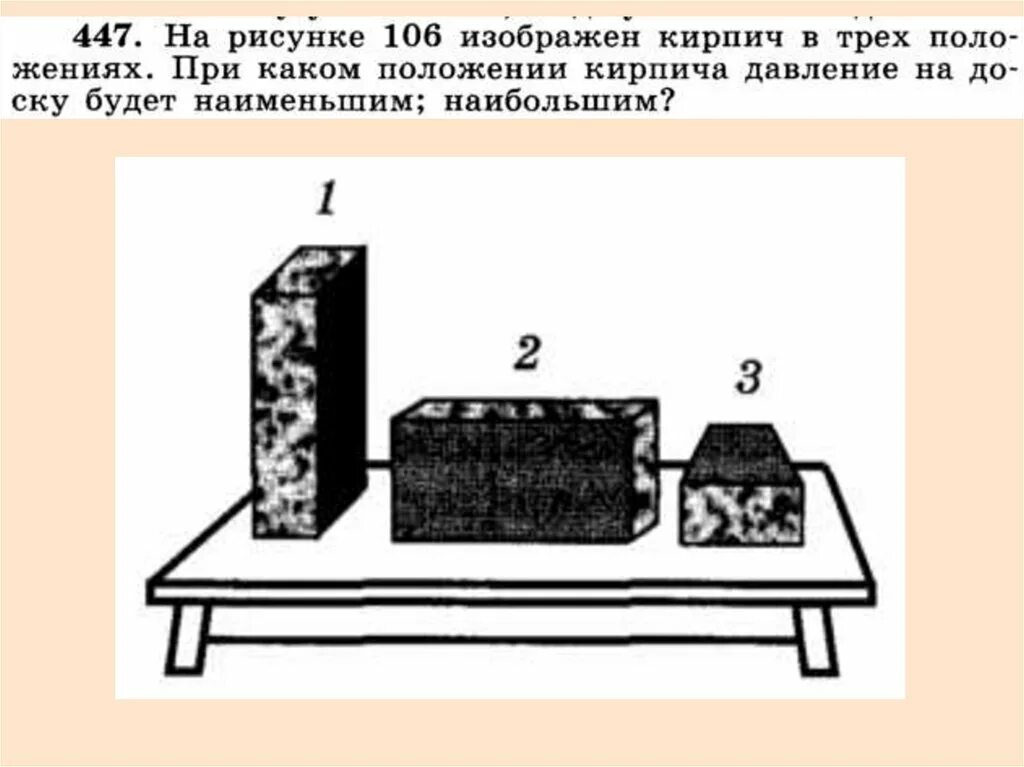 Наибольшее давление кирпича. Кирпич укладывают на стол разными способами. Давление кирпича на поверхность. Устойчивое положение кирпича.