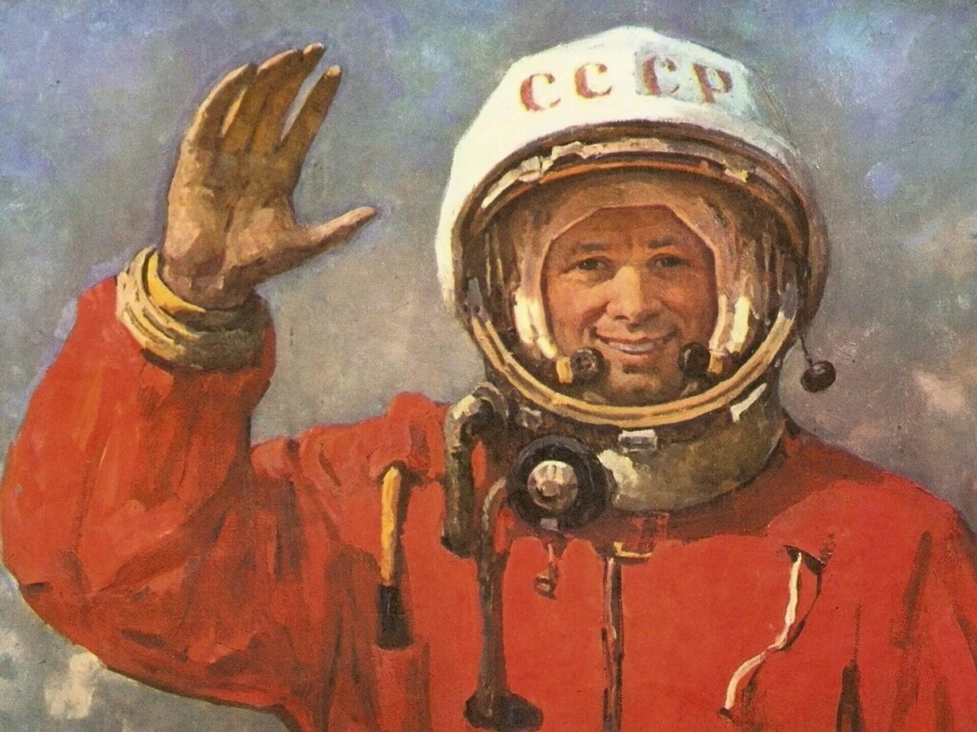 Космонавт слушает и улыбается. Космонавт слушает и улыбается