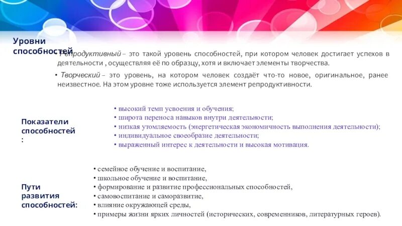 Мальчик 1 уровня способен. Репродуктивный уровень способностей. Уровни способностей. Репродуктивный и творческий уровень способностей. Уровни развития способностей репродуктивный и творческий.