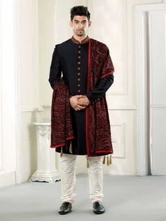 Negro Achkan Sherwani Con chal bordado  diseñador negro image 0.