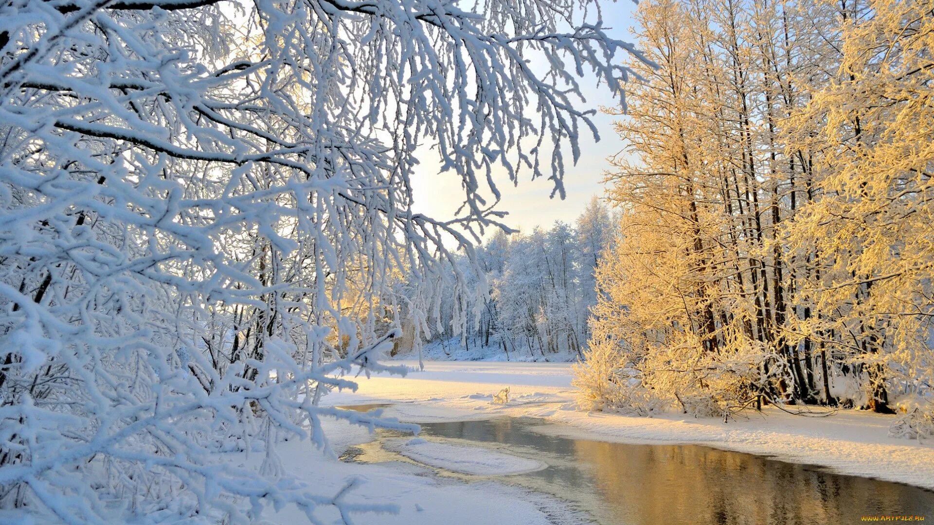 Зимний пейзаж. Зимняя природа. Зимний лес. Река-снег-деревья. Звуки природы зимой