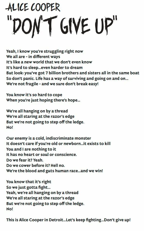 Текст песни doing it. Элис Купер. Don't give up текст. Alice Cooper don't give up. Alice Cooper_don't give up [2020].