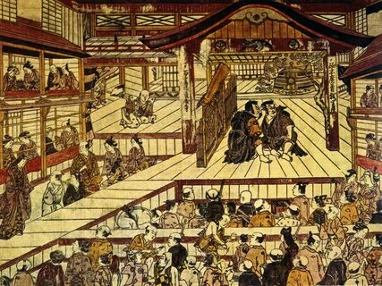 Woodblock print from the 18th century depics the traditional kabuki theatre...