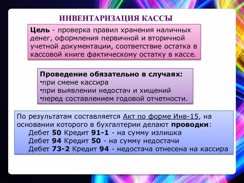 Инвентаризация кассы бухгалтерский учет. Порядок проведения инвентаризации денежных средств в кассе. Каков порядок проведения инвентаризации кассы. Цели и задачи инвентаризации денег в кассе. Цель проведения инвентаризации кассы.