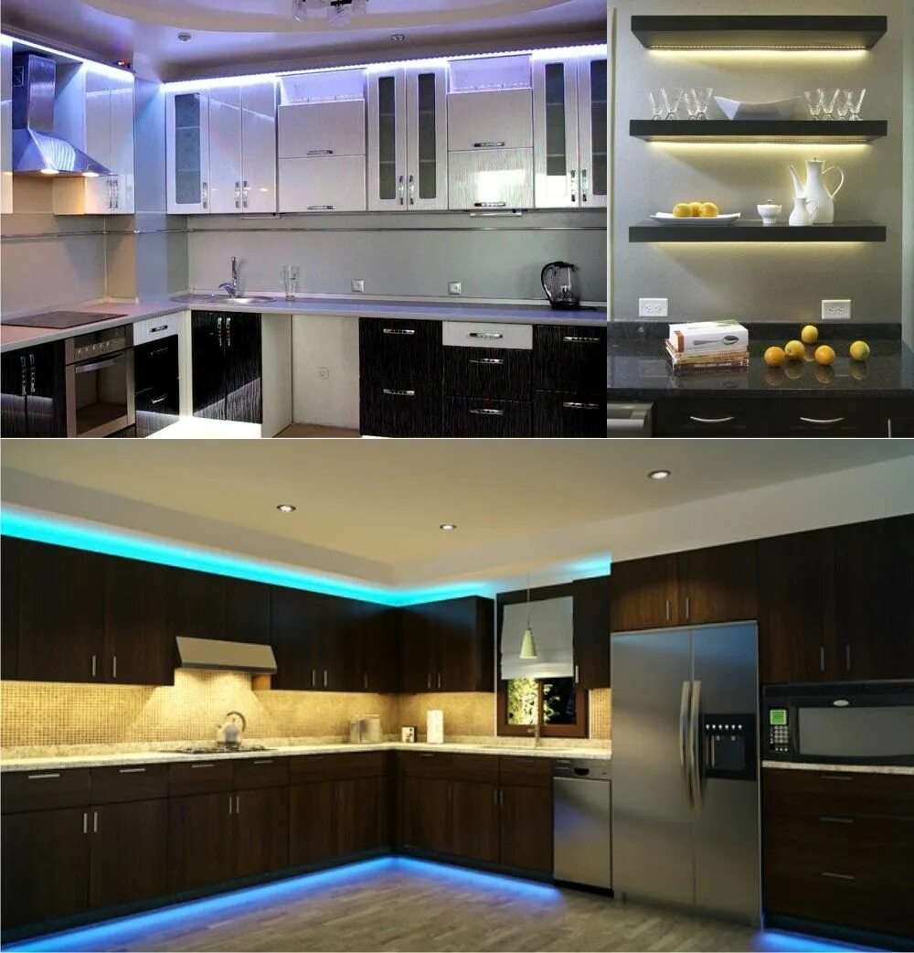 Верхняя подсветка кухни. Светодиодная лента на кухню. Подсветка кухонного гарнитура. Кухонный гарнитур со светодиодной подсветкой. Светодиодная подсветка для кухни.
