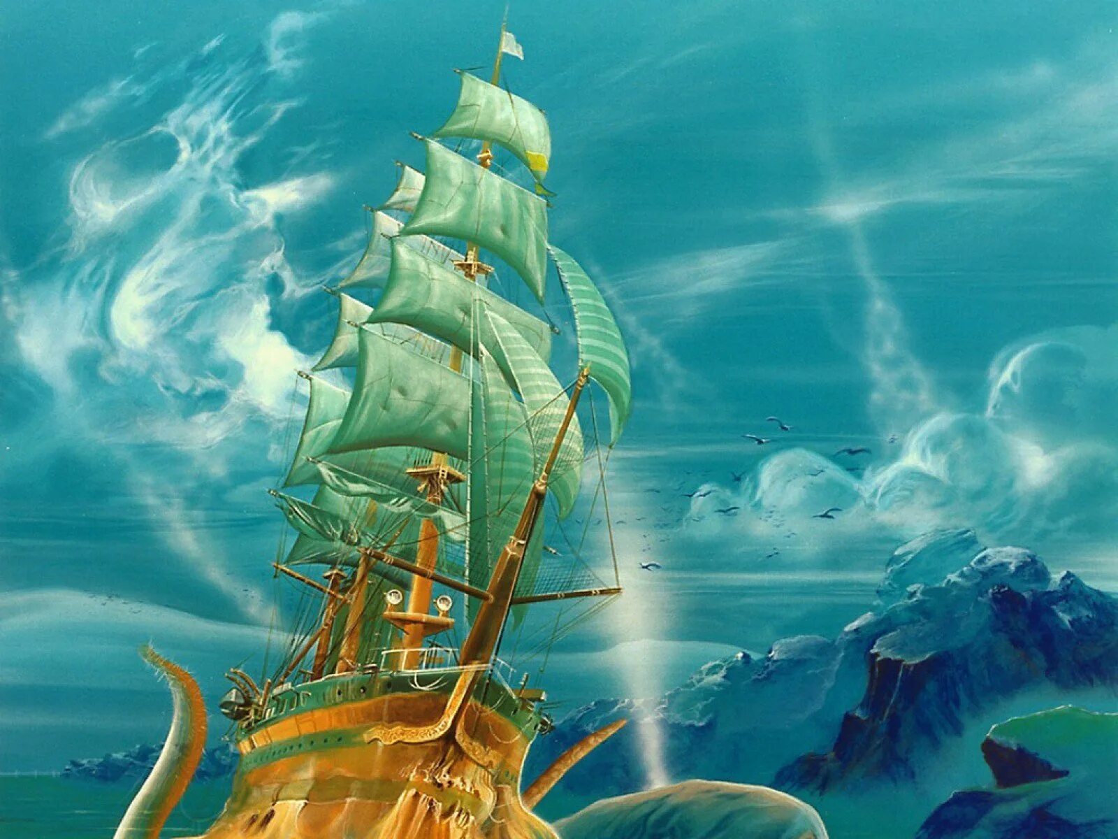 Небесный пароход. Сказочный корабль. Парусник в море. Парус сказочный. Сказочный корабль с парусами.