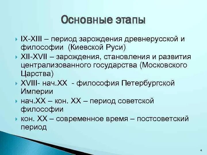 Основные этапы русской философии. Основные периоды развития русской философии. Период зарождения древнерусской философии. Основные этапы развития русской философии.