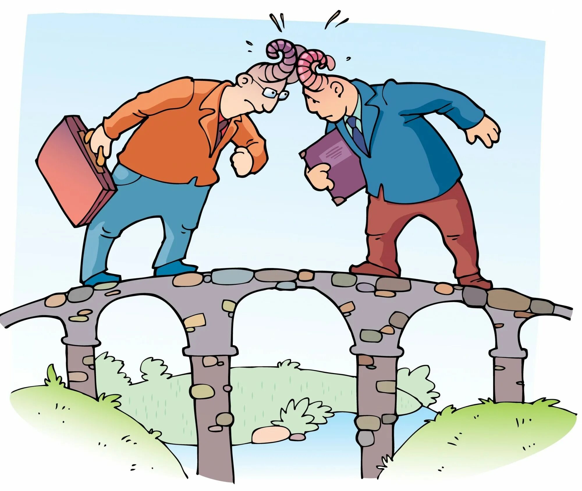 Иди в лоб. Рисунок на тему конфликт. Повстречались два барана на мосту. Два друга карикатура. Два упрямых барана на мосту.