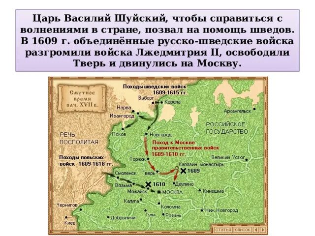 Кто разгромил войска лжедмитрия 2. Походы шведских войск. Походы шведских войск 1609 1615. Поход Лжедмитрия 2 карта.