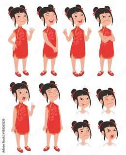 Cartoon asian girl in chinese traditional cheongsam dress. 