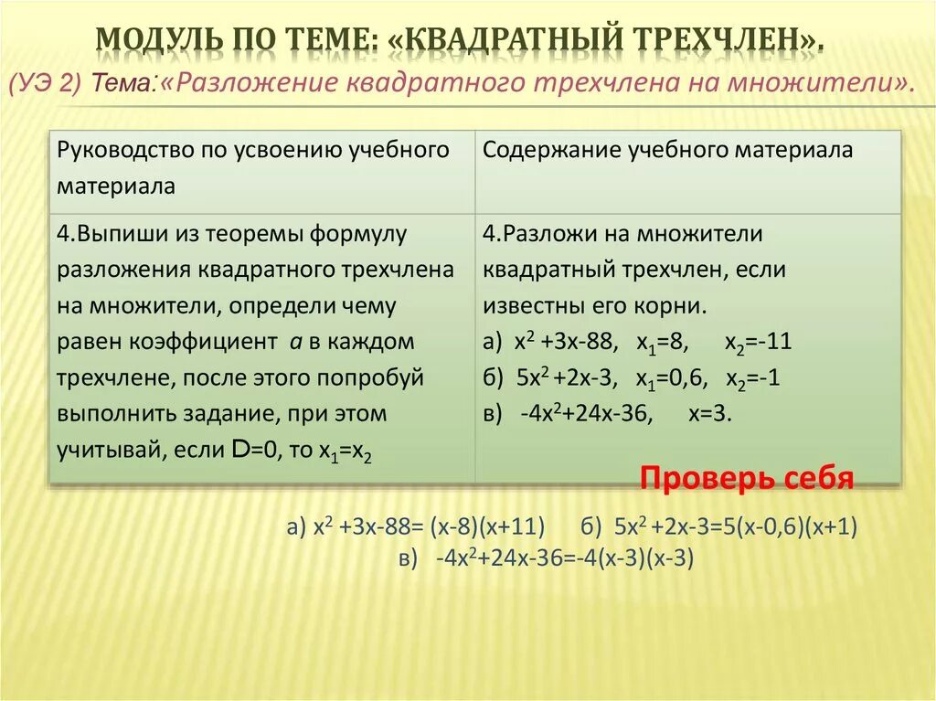 Разложение квадратного трехчлена на множители. Разложите на множители квадратный трехчлен. Формула разложения квадратного трехчлена на множители. Теорема о разложении квадратного трехчлена на линейные множители.