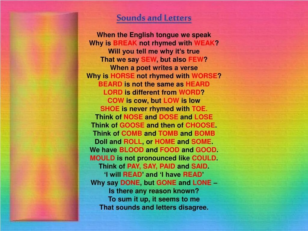 When the English tongue we speak. When the English tongue we speak why is Break not. Letters and Sounds. Стих do you speak English. Why do you speak english