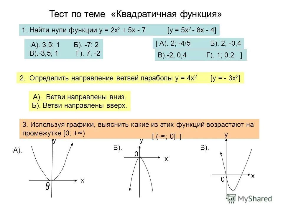 Тест функции математика. Нули квадратичной функции. нули функции квадратичной функции. ноли квадратичной функции. задания по теме функция у=х2.