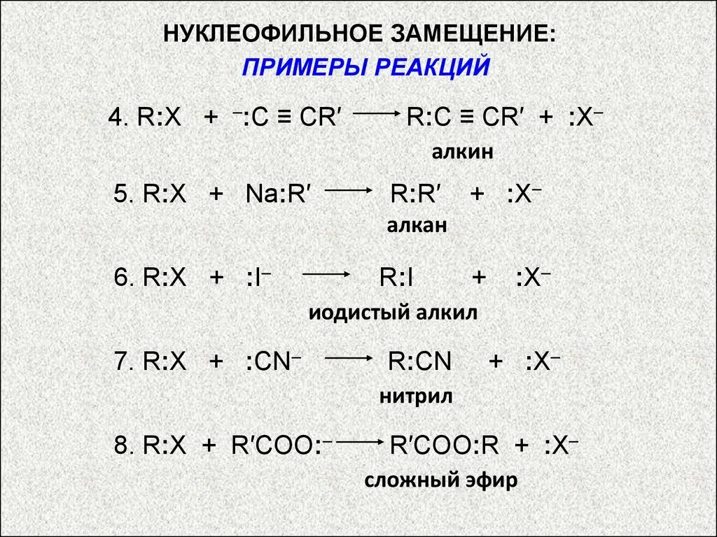 Реагенты тип реакции замещения. Нуклеофильное замещение примеры. реакции нуклеофильного замещения. реакции нуклифоильного замецщкния. реакции нуклеофильного замещения примеры.
