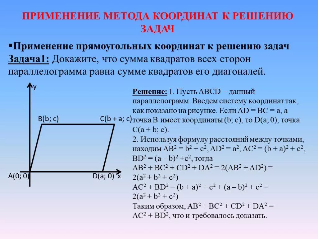 Метод координат при решении практических задач. Координатный метод решения планиметрических задач. Формулы для решения задач координатным методом. Решение задач методом координат. Задачи решаемые методом координат.