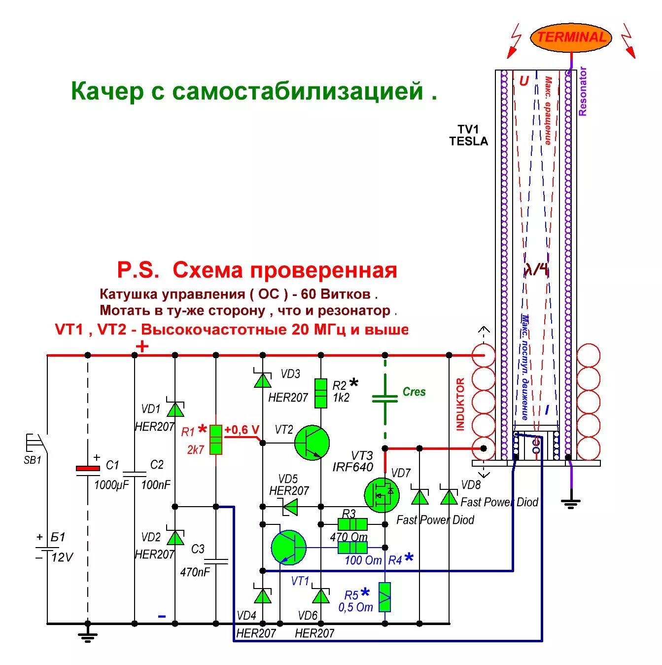 Схема мощной катушки Тесла. Тесла схема качера. Музыкальный качер Бровина схема. Музыкальная катушка Тесла схема.