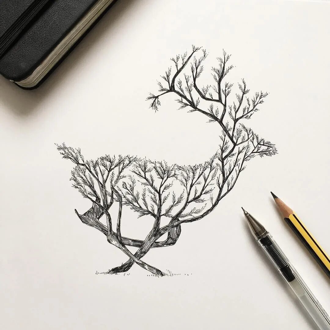 Необычные рисунки карандашом. Интересные скетчи. Идеи для рисунков. Дерево в скетчбуке.