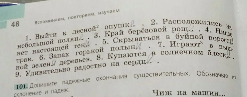 Падеж слова полянке. Выпишите имена существительные. Выпиши окончание имени существительного. Выпиши имена существительные с недописанными окончаниями. Запиши предложение определи склонение и падеж существительных.