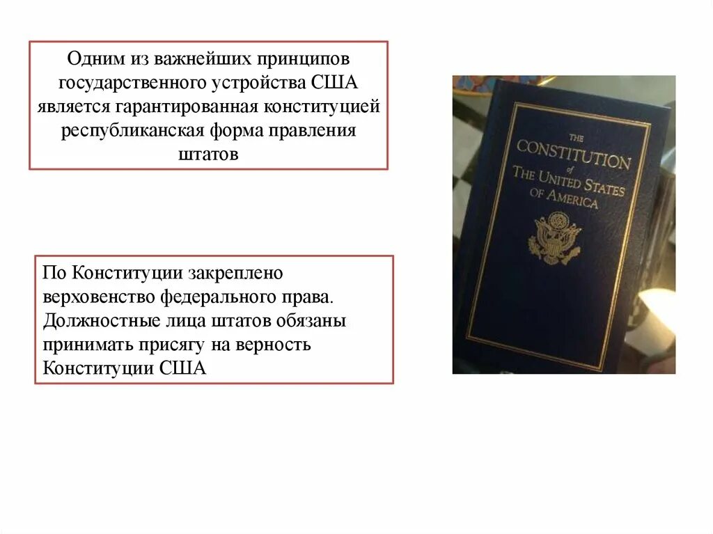 Федеральное право и право Штатов. Какая форма правления закреплена в Конституции США. Верность конституции