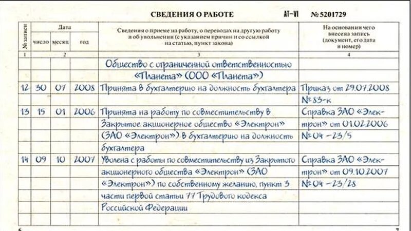 Запись о приеме на работу