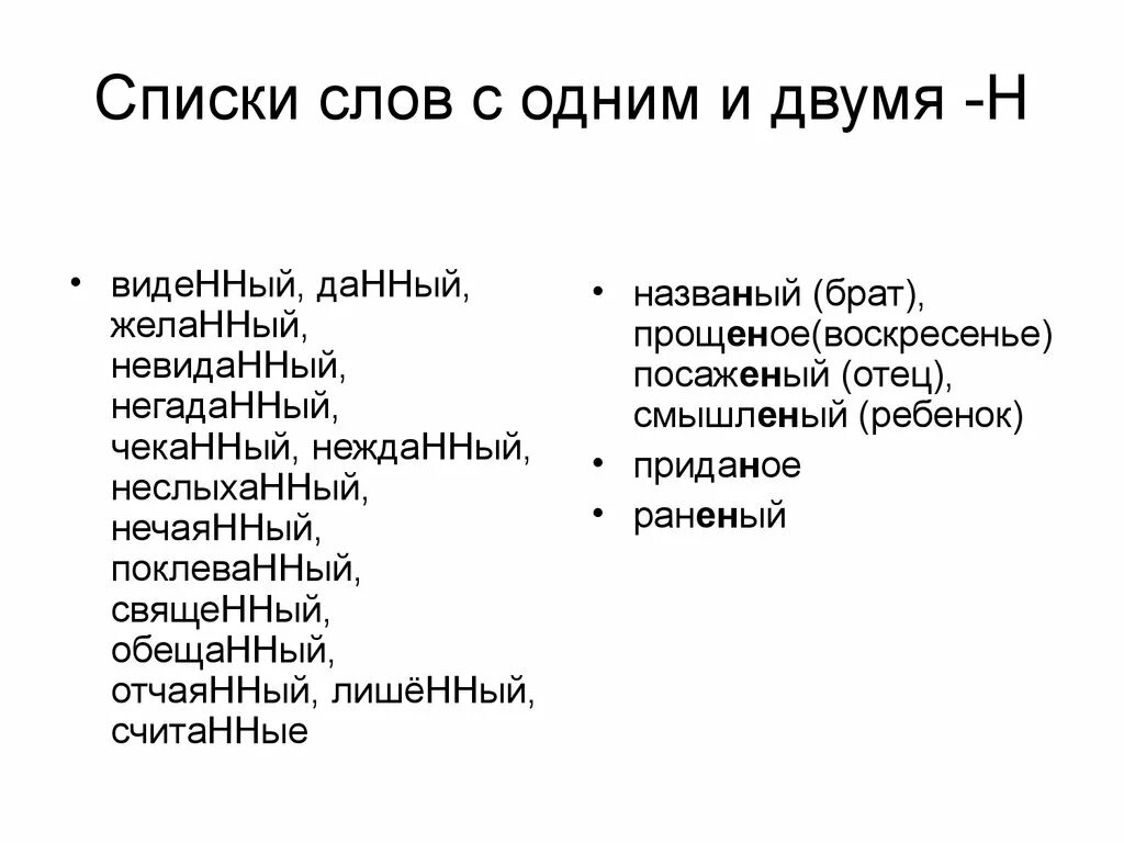 Изысканные почему две. Список слов. Список слов с 1 н. Список слов с 1 н и НН. Слова с одной и двумя н.