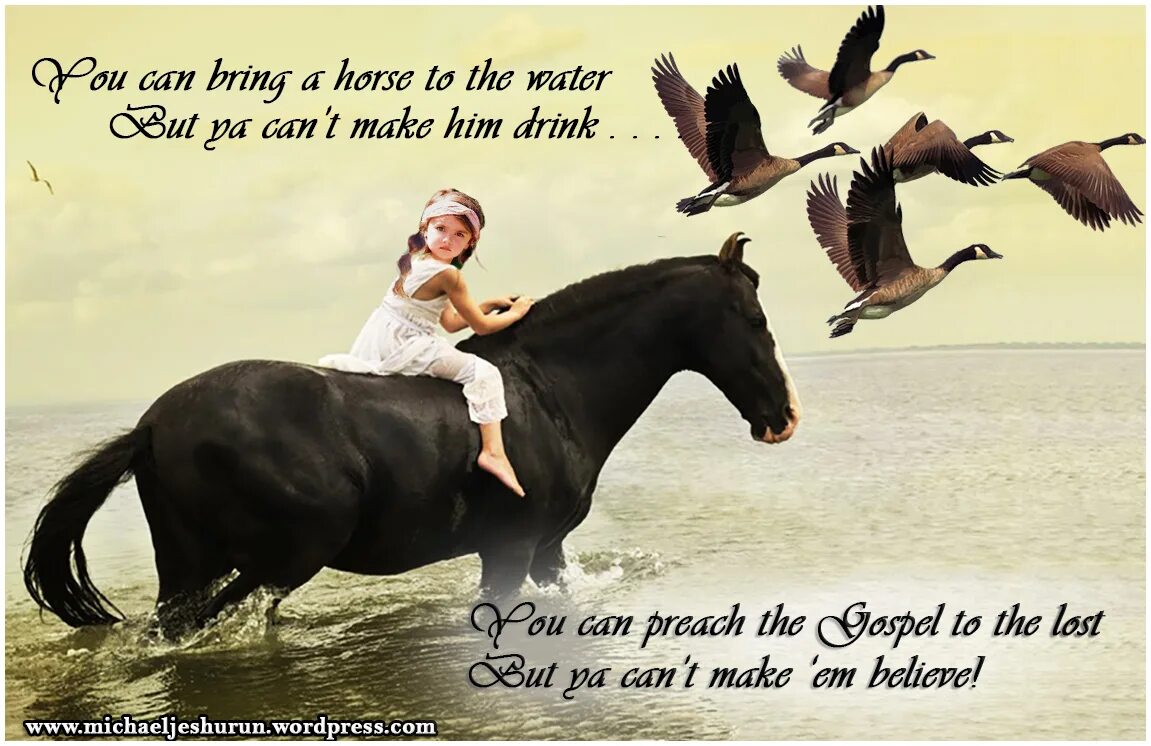 You can bring the Horse to the Water but you cannot make him Drink. You can take a Horse to Water. You can take a Horse to the Water but you can't make him Drink русский эквивалент. You can lead a Horse to Water but you can't make it Drink.