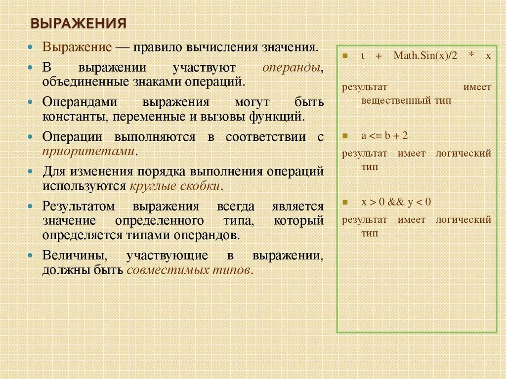 Выражения. Правило выражения. Правила формирования выражений. Какие бывают выражения в информатике.