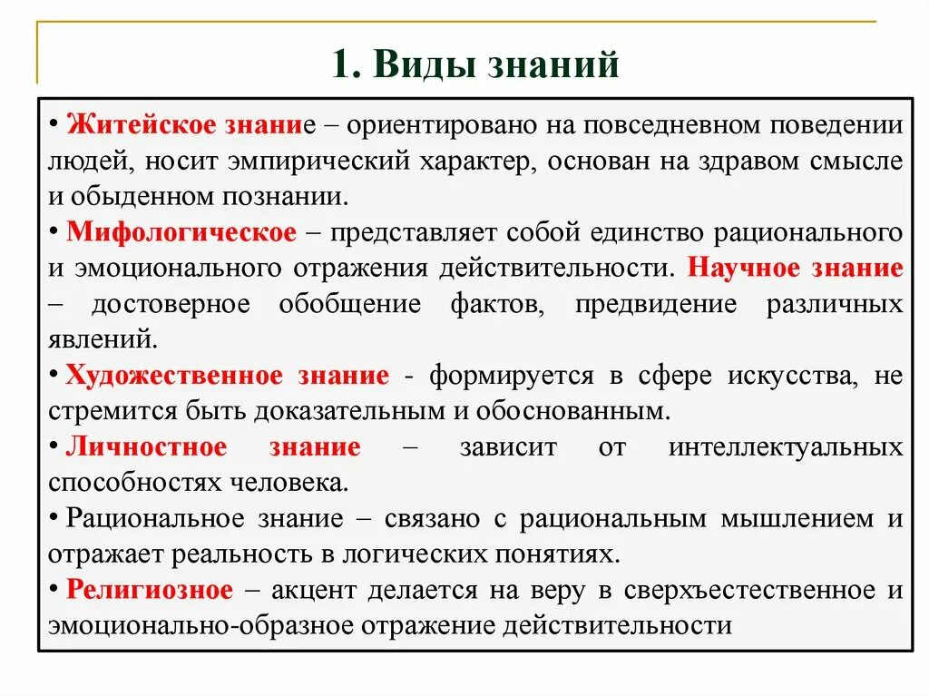 Виды знаний. Виды познания. Типы познания. Виды и формы познания.