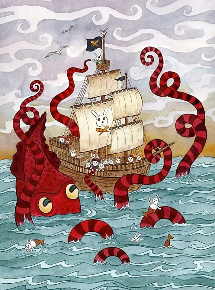 Пираты на корабле с Кракеном. Морской Кракен пираты. Кракен Морское чудовище. Пират Кракен арт.