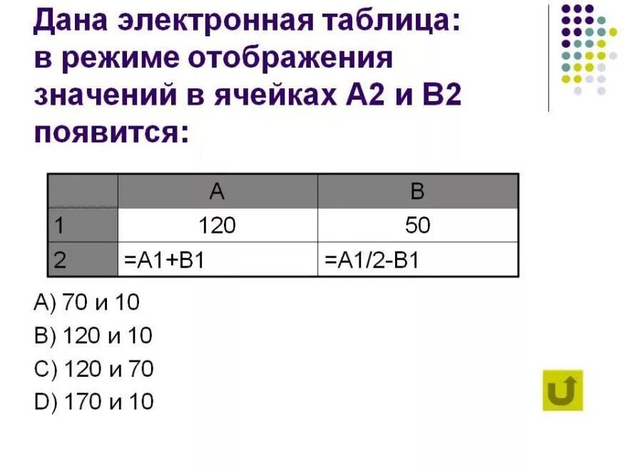 Тест 8 электронные таблицы. В режиме отображения значений в ячейке в2 появится значение 120 50. В режиме отображения значений в ячейке в2. В режиме отображения значений в ячейке в2 появится значение ....