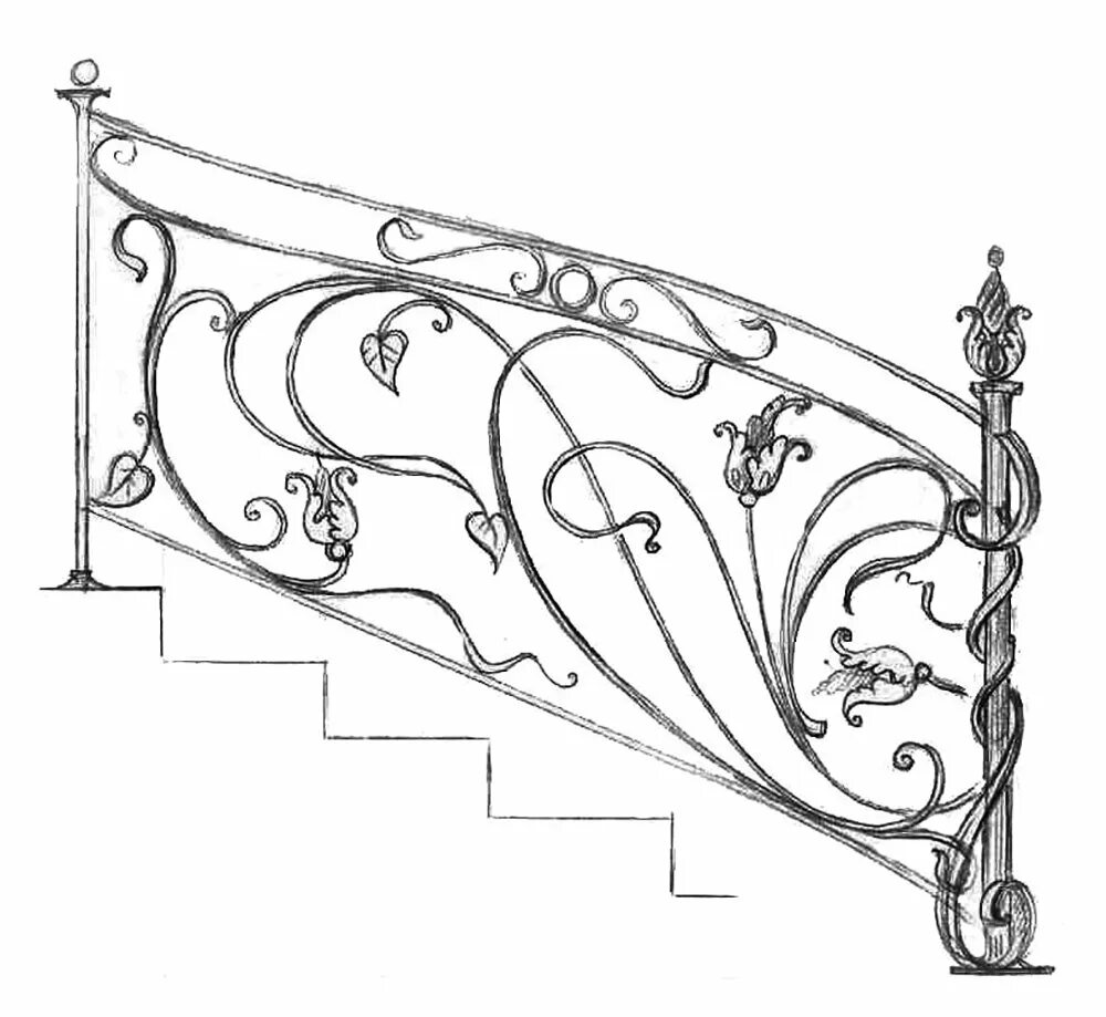 На рисунке схематично изображены перила лестницы. Эскизы кованых перил для лестниц. Кованые лестницы эскизы. Кованые ограждения эскизы. Кованые узоры на перила.