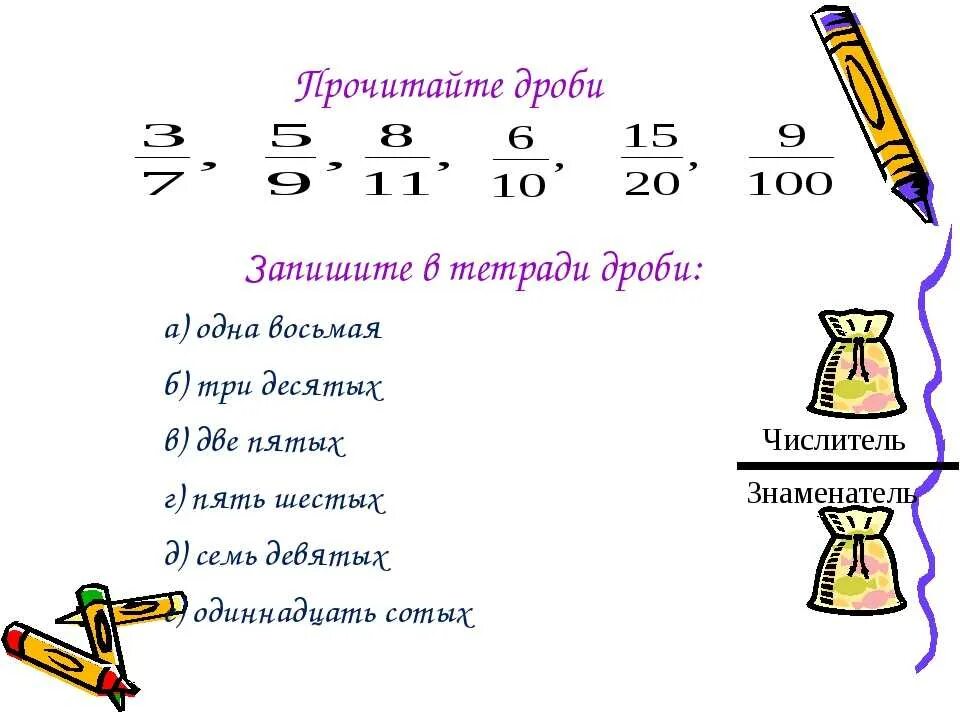 Чтение дробей 5 класс. Дроби. Дроби 5 класс. Как пишут дроби 5 класс. Как записать обыкновенную дробь.