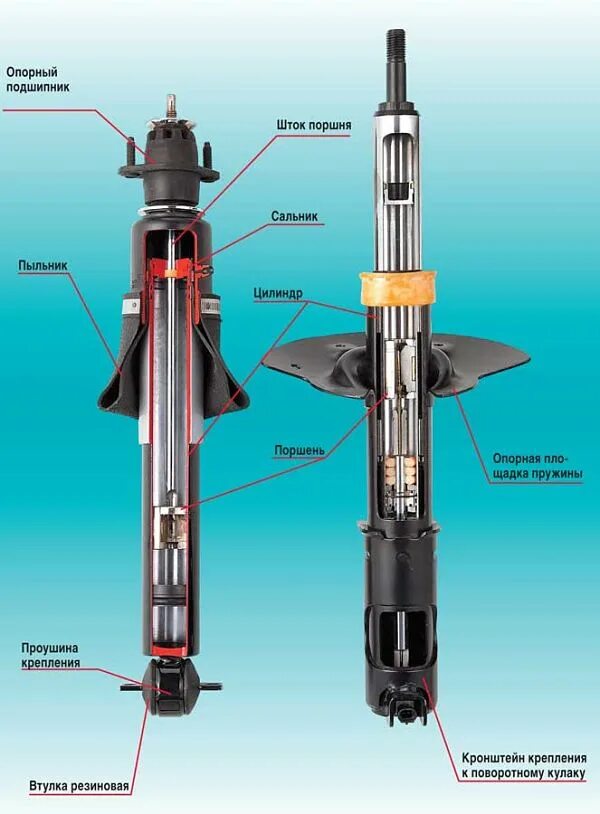 Какая лучше газомасляная или масляная. Стойки амортизатора Shock Absorber. Устройство передней стойки амортизатора. Конструкция амортизаторной стойки. Амортизатор в разрезе.