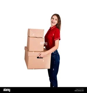 Delivery girl is holding a heap of boxes isolated on white background. 