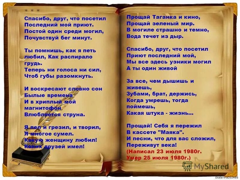 Мертвые не говорят и не едят. Высоцкий последний приют стих. Спасибо друг что посетил последний мой приют. Спасибо друг что посетил последний мой приют Высоцкий. Стихотворение Высоцкого спасибо друг что посетил.