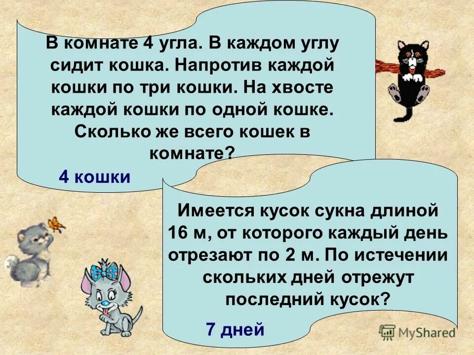 В комнате 4 угла в каждом углу сидит кошка. Задания сколько кошек. Сколько кошек в каждом углу. В комнате 4 кошки в каждом углу. Загадка про кошек в углах.