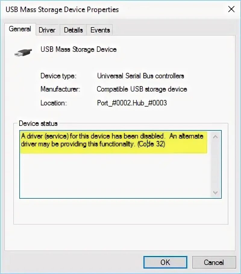 USB Mass Storage. USB Mass Storage device. USB Mass Storage class MSC. Error code 32