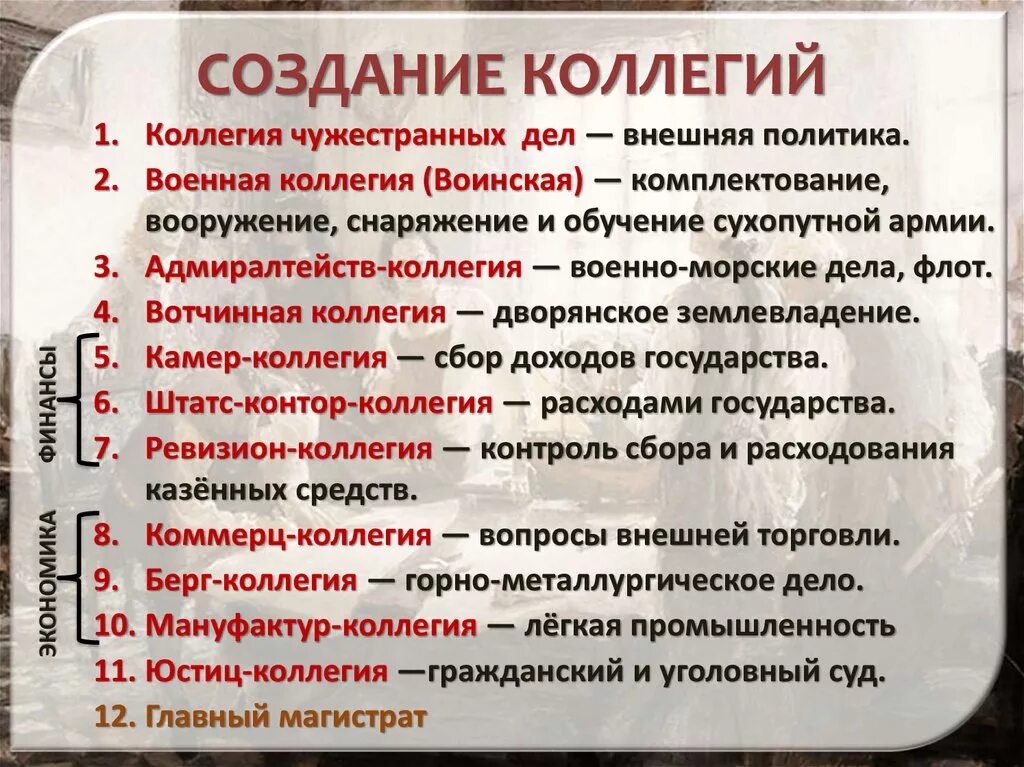 Учреждение коллегии произошло в. Коллегии Петра 1. Коллегии при Петре 1. Реформы Петра 1 коллегии. Реформа коллегий.