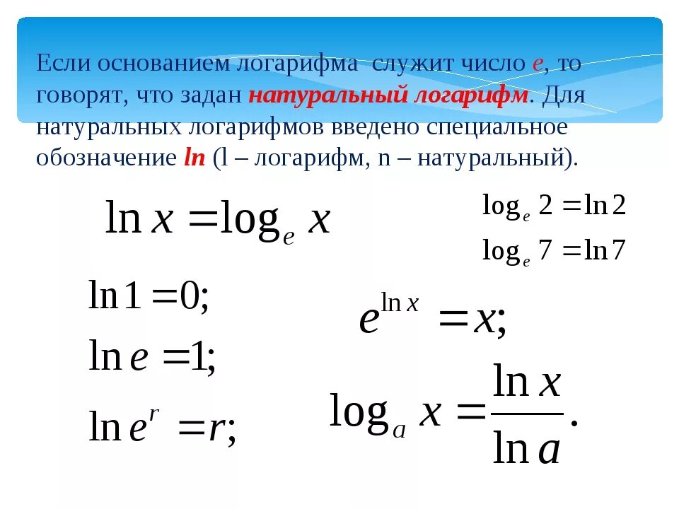 Решение x ln x. E В степени перевести в логарифм. Как вычислить логарифм в степени. Формулы натурального логарифма и экспоненты. Свойства натуральных логарифмов формулы.