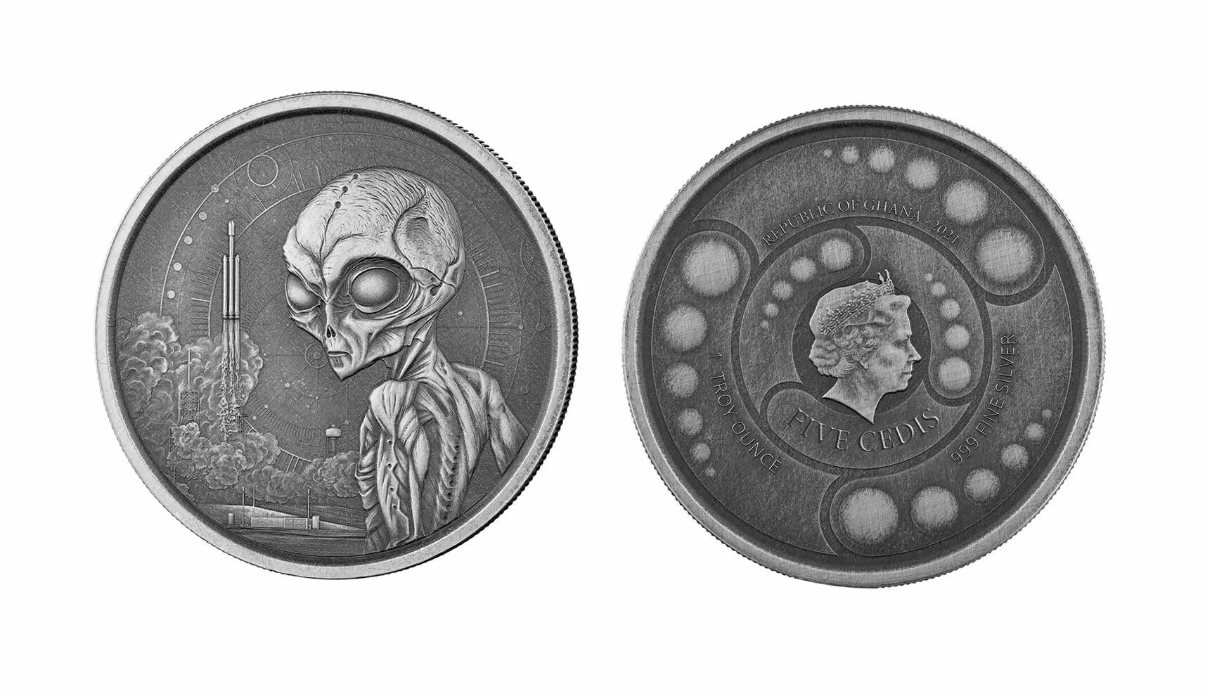 Монета земля. Республика гана монета с инопланетянином. монета с инопланетянином. монеты с пришельцами. серебряная монета с инопланетянами.